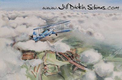 Biplane Flying over Cloud
